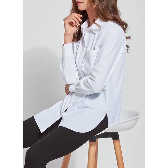 LYSSÉ Schiffer Button Down Shirt Size L White Stretch Top Staple Timeless Career - Picture 3 of 14